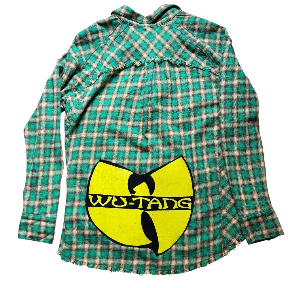 Wu Tang flannel upcycle green and yellow raw hem
